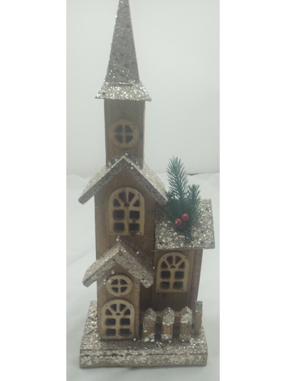 Rustic Wooden Christmas Church LED Lighted Village Glitter Winter Tabletop Decor